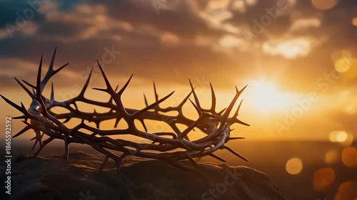 Crown of thorn of Jesus Christ in sunset background.