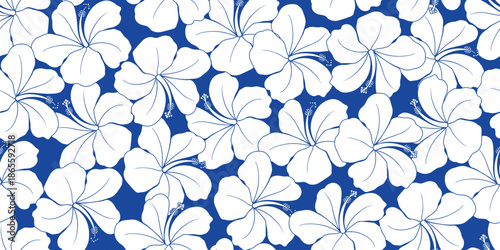 Tropical hibiscus pattern. tropical floral pattern blooms white blue motif, Hibiscus flower design. Summer fabric patterns for Hawaiian shirts. botanical motifs floral hibiscus design.Ocean blue color