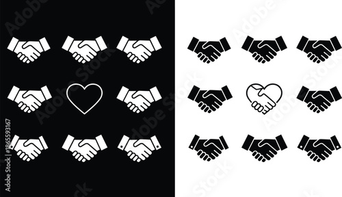 Collection of professional handshake icons representing business collaboration, corporate agreement, successful partnership, team cooperation, financial deals, trust, and heart-shaped union symbols.