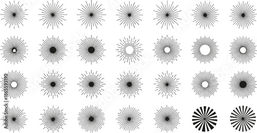 Collection of vintage sunburst silhouettes, retro starburst icons, radial line burst graphics, solar ray vector elements, shining light symbols, and sparks.