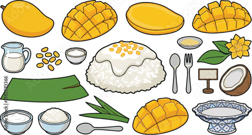 Thai Mango Sticky Rice Vector Set. Traditional summer dessert with coconut milk and banana leaf isolated on white