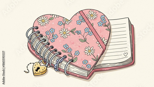 A heart-shaped pink notebook with a floral design and a heart-shaped lock on a beige background