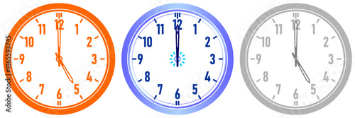 a vector illustration set featuring three variations of a classic analog wall clock with hands indicating different times, nalog Wall Clock Icon Set | Time, Schedule, Deadline, and Business Management