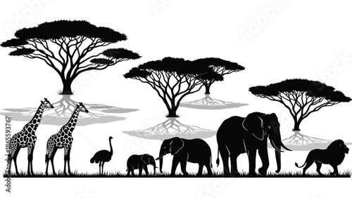 African savanna silhouette, wildlife scene, giraffes, elephants, lion, acacia trees, black and white sketch, nature vector, animal illustration