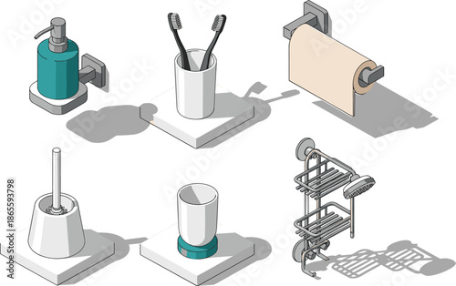 Bathroom accessories isometric, soap dispenser, toothbrush holder, toilet brush, shower caddy, tumbler, toilet paper roll, vector sketch, hygiene tools