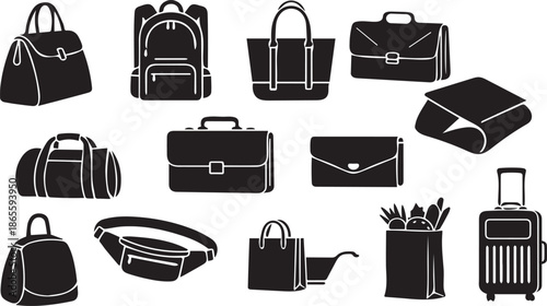 A diverse collection of silhouettes depicting various types of bags and luggage for everyday use