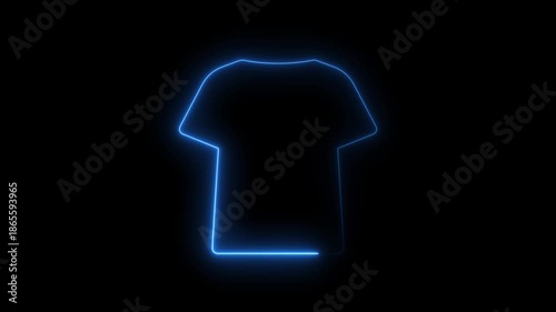 Glowing Blue Neon T- Shirt Outline on Black Background for Fashion and Technology Concepts