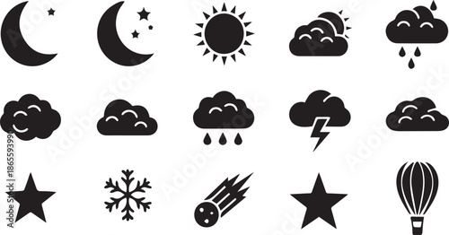 Diverse collection of weather and celestial icons in black silhouette style for design projects