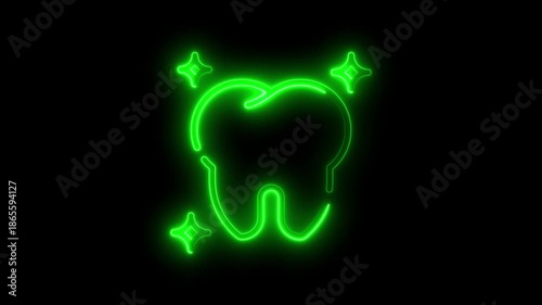 Neon Green Tooth with Glowing Dental Mirror and Sparkling Stars on Black Background for Dental Healthcare Branding and Medical