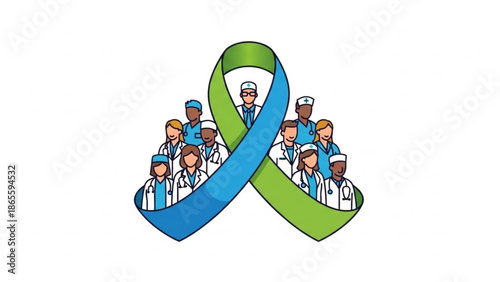 Diverse medical team standing behind a blue and green awareness ribbon representing healthcare unity and support isolated on white