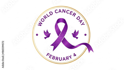 World Cancer Day emblem with purple ribbon and doves February 4th symbolizing awareness and hope isolated on white
