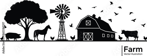Farm scene illustration, barn, windmill, animals, cow, pig, horse, chickens, tree, birds, black and white sketch, vector art
