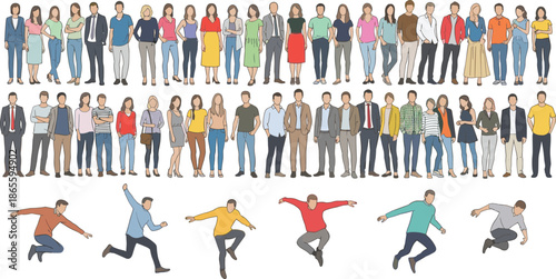 Large Set of Diverse People Characters Standing in Rows and Group of Men Jumping in Casual Outfits for Community Design