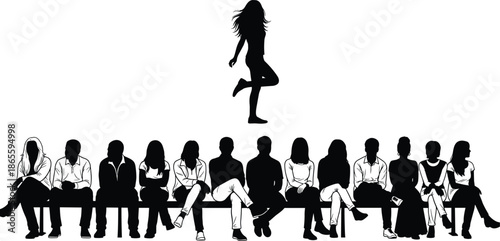 Silhouette of a Woman Jumping Over a Row of Seated People Representing Leadership Individualism Success Freedom and Breaking Creative Boundaries