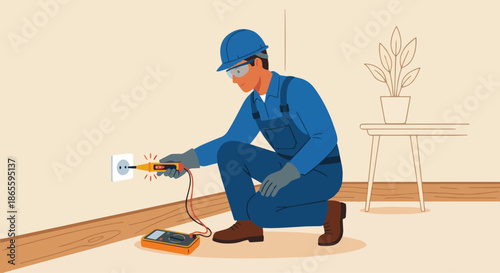 Electrician Checking Power Outlet
A flat vector illustration of an electrician crouching near a wall socket, testing the outlet with a voltage tester. The electrician wears protective gear. 