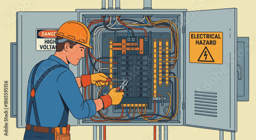 Electrician Repairing Electrical Panel
A flat vector illustration of an electrician standing in front of an open electrical panel, using tools to repair wiring. 