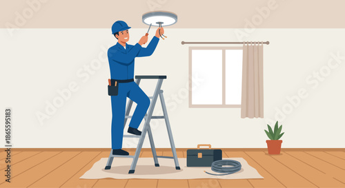 Electrician Installing Light Fixture
A flat vector illustration of an electrician standing on a ladder installing a ceiling light. The room interior is simple with minimal furniture. 