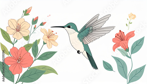 Hummingbird Hovering Near Flowers