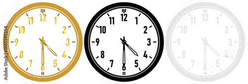 Collection of simple wall clock icons in three colors indicating the time is ten thirty for lifestyle and business themes