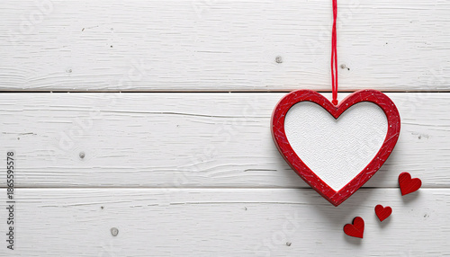 Large red heart ornament hanging on rustic white wooden background with small hearts with valentine