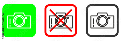 ​A set of three square camera icons indicating photography allowed in green, prohibited with a red cross, and a standard black version