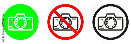 A versatile set of camera icons featuring a green "allow" sign, a red "prohibited" symbol, and a standard black icon