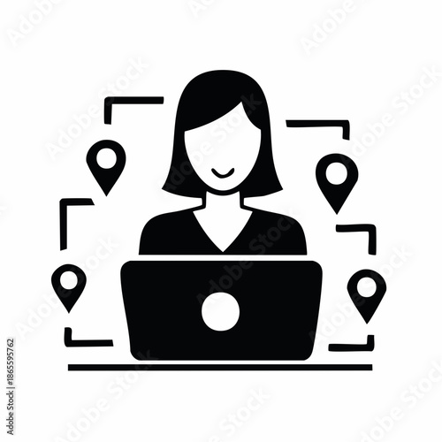 Illustration of a woman working on a laptop surrounded by location pins, representing remote work or global connectivity