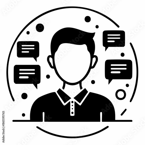 Illustration of a person surrounded by speech bubbles symbolizing communication and ideas