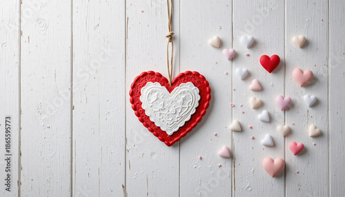 Rustic hanging heart ornament with white and red hearts on a string against a white wooden with love