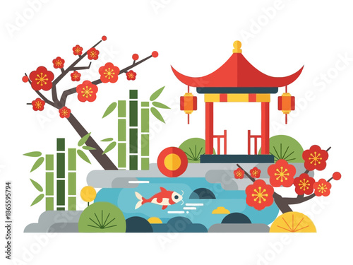 Koi Fish in Pond with Bamboo and Aesthetic Cherry Blossoms 