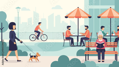 Woman Walking Dog in Urban Park Scene.