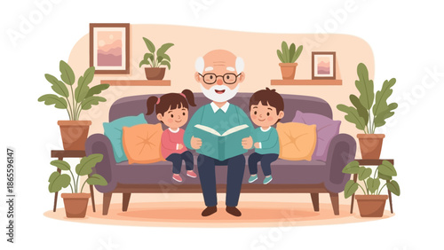 Grandfather Reading with Grandchildren on Sofa.