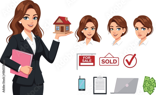 Professional Female Real Estate Agent Character Set Featuring Property House Model Various Facial Expressions Sales Signs and Business Office Icons
