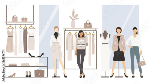Fashionable Women Standing Near Clothing Racks.