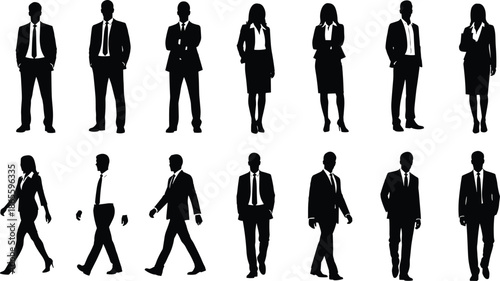 Professional Business People Silhouette Set Featuring Corporate Men and Women in Suits Standing and Walking Poses Isolated on White Background Template