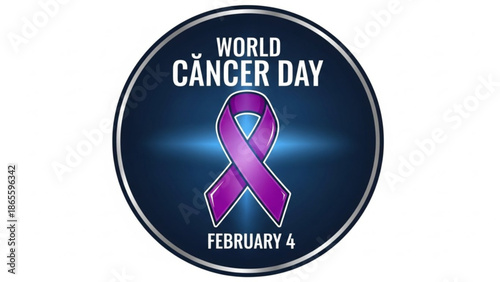 World Cancer Day February 4th circular emblem with purple ribbon a symbol of awareness and support for cancer research and prevention