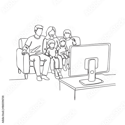 Family of five watching television together on a sofa