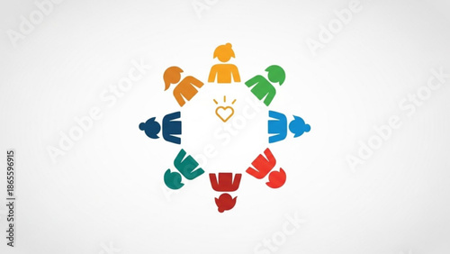 Diverse group of people in a circle around a heart icon representing community teamwork and connection flat vector illustration for concepts