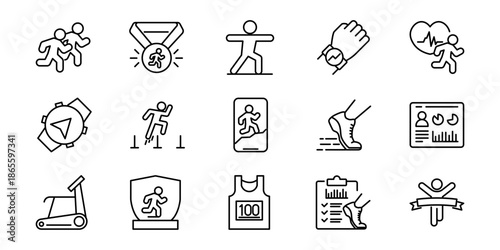 Comprehensive vector line icons set for running, fitness, and athletic pursuits. Featuring diverse elements like training, competition, data tracking, and health monitoring