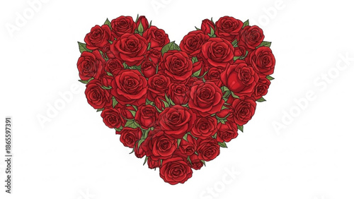 A heart shaped arrangement of red roses on a plain white background as a vector graphic illustration