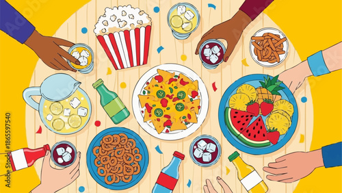 People enjoying a party with food and drinks overhead view.