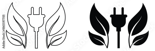 Eco friendly energy concept with leafy plug designs,Icon electrical plug with a lightning bolt within a circular frame black leaf symbolizing eco friendly renewable energy black power