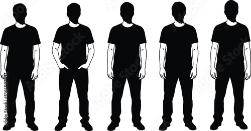 Set of Casual Men Silhouettes Standing in Various Relaxed Poses Wearing T-shirts and Jeans for Fashion Lifestyle and Character Design