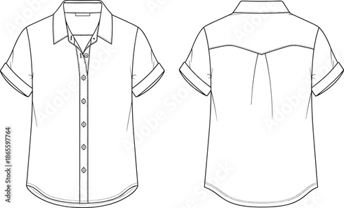 Women Short Sleeve Button Down Shirt Technical Fashion Sketch Vector Illustration Featuring Front and Back Views for Apparel Design and Manufacturing