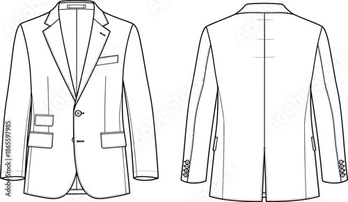 Technical Vector Flat Sketch of a Classic Men's Tailored Blazer Featuring Front and Back Views with Double Vent and Pockets