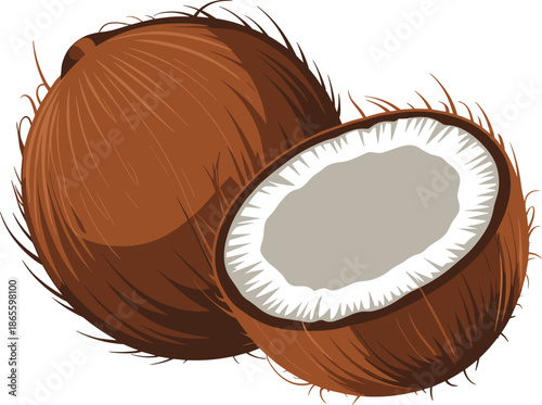 A brown coconut with a partially opened white interior showing the edible flesh inside