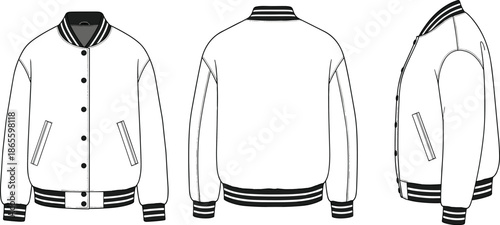 Technical Vector Flat Sketch of a Varsity Bomber Jacket Featuring Front Back and Side Views with Ribbed Trim and Buttons