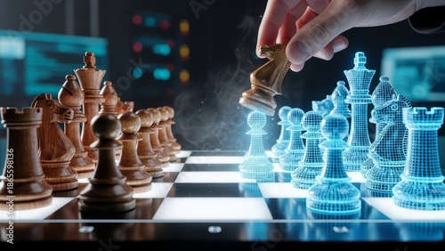 Digital strategy battle chess game with futuristic glowing blue wireframe pieces facing traditional wooden pieces on a board with abstract background with technology