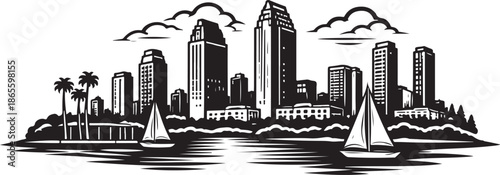 San Diego City Skyline Silhouette Black and White Vector Illustration