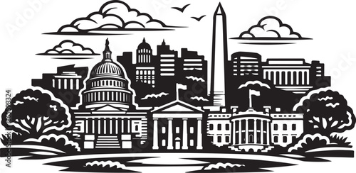 Washington DC City Skyline Silhouette Black and White Vector Illustration